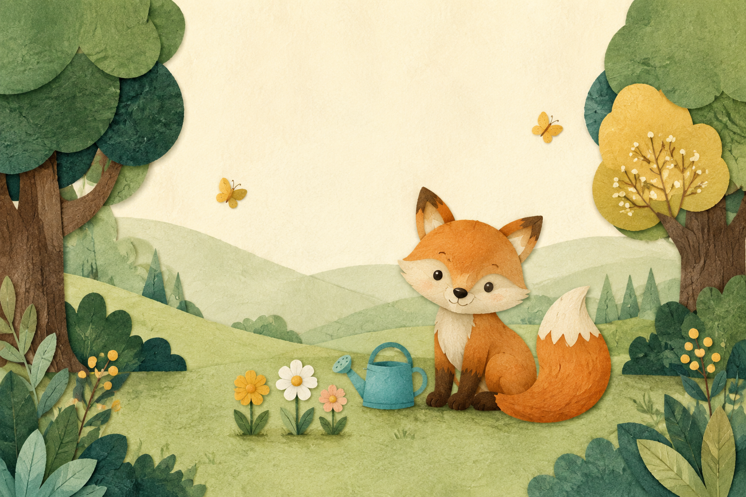 Our friendly fox in a paper-textured woodland garden, beside a watering can and flowers